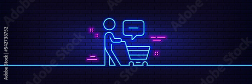 Neon light glow effect. Buyer with shopping cart line icon. Customer think bubble sign. Supermarket client symbol. 3d line neon glow icon. Brick wall banner. Buyer think outline. Vector