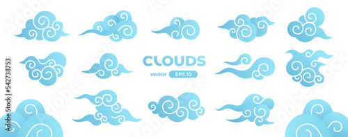 Chinese clouds set isolated on a white background. Japanese, Korean, asian traditional style elements. Signs and icons collection. Blue color. Simple cartoon design. Flat style vector illustration.