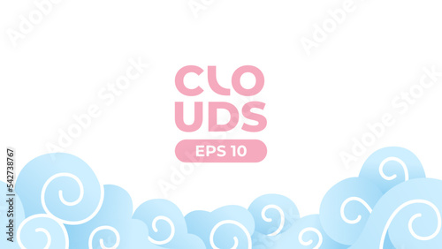 Blue clouds background. Seamless border of clouds. Blue sky. Water waves. Sea or ocean. Layered carve paper, origami. Theatrical scenery. Simple cartoon design. Flat style vector illustration.
