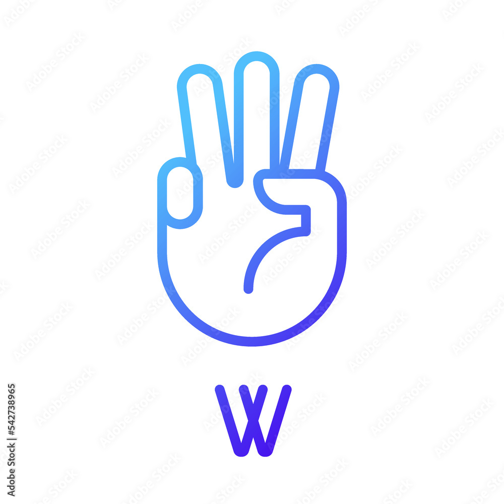Letter W in American sign language pixel perfect gradient linear vector icon. Nonverbal communication. Gestures system. Thin line color symbol. Modern style pictogram. Vector isolated outline drawing Letter W in American sign language pixel perfect gradient linear vector icon. Nonverbal communication. Gestures system. Thin line color symbol. Modern style pictogram. Vector isolated outline drawing