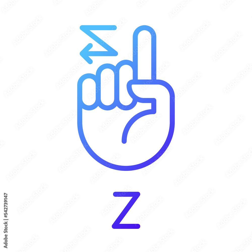 Signing letter Z in ASL pixel perfect gradient linear vector icon. American nonverbal language. Dealing with deafness. Thin line color symbol. Modern style pictogram. Vector isolated outline drawing