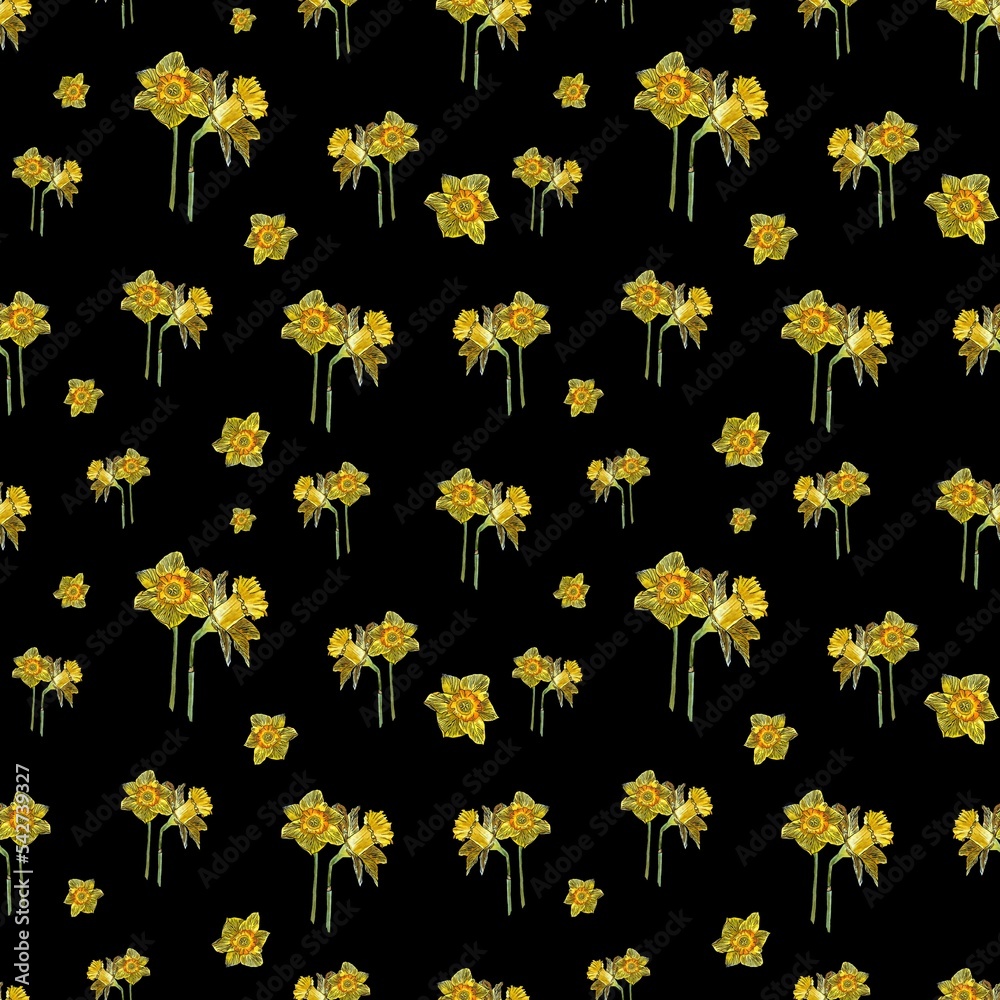 Flower and bud narcissus black seamless pattern Flower and bud narcissus black seamless pattern