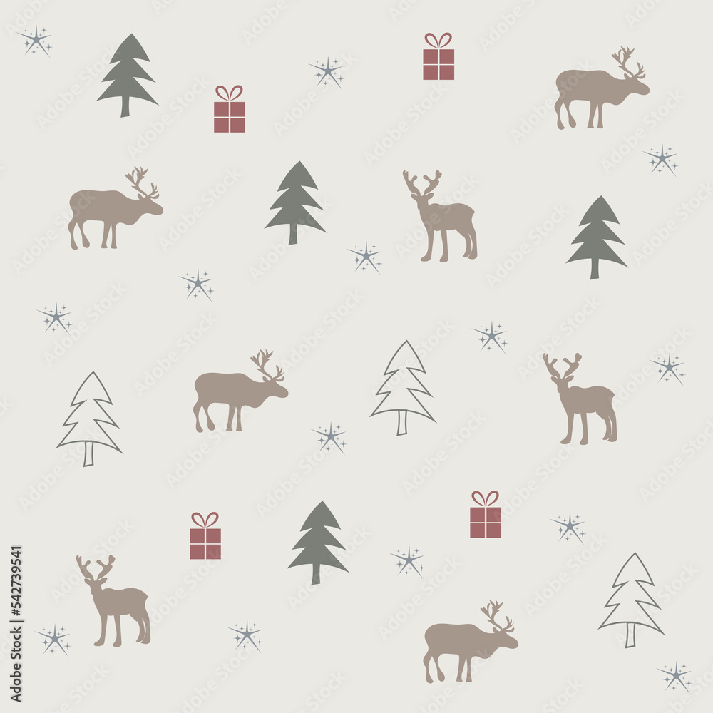 Vector of christmas seamless pattern with deer, christmas tree and presents. Soft colours. For Banner, paper, cards and more. Vector of christmas seamless pattern with deer, christmas tree and presents. Soft colours. For Banner, paper, cards and more.