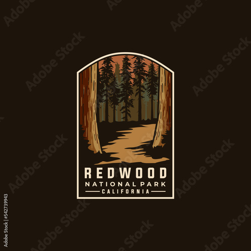 Redwood national park vector template. California forest landmark illustration in patch emblem style.