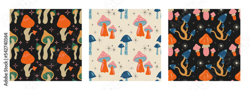 Set of Seamless vector pattern with cute cartoon colorful forest mushrooms. Creative design for printing on fabric, wallpaper and scrapbooking.