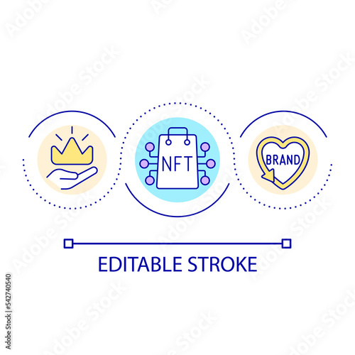 NFTs in branding loop concept icon. Crypto artworks in business. Marketing strategy abstract idea thin line illustration. Isolated outline drawing. Editable stroke. Arial font used