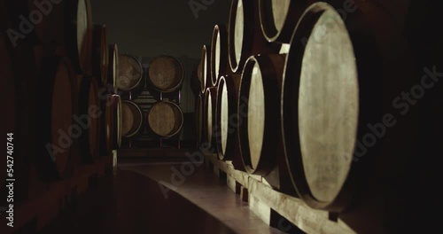 Aged wooden barrels with a wine , brandy or whiskey in a big warehouse . Dolly , gimbal movement a long row of wine barrels at a vintage winery with alcohol . Wine preparation and fermenting process
