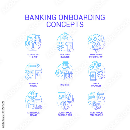 Banking onboarding process blue gradient concept icons set. Web wallet. Financial transactions online idea thin line color illustrations. Isolated symbols. Roboto-Medium, Myriad Pro-Bold fonts used