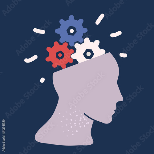 Cartoon vector illustration of Human head with cogwheels inside linear icon. Artificial intelligence. Technology progress.
