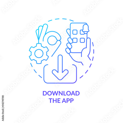 App downloading blue gradient concept icon. Payment online. Bank onboarding. Install mobile wallet abstract idea thin line illustration. Isolated outline drawing. Myriad Pro-Bold font used