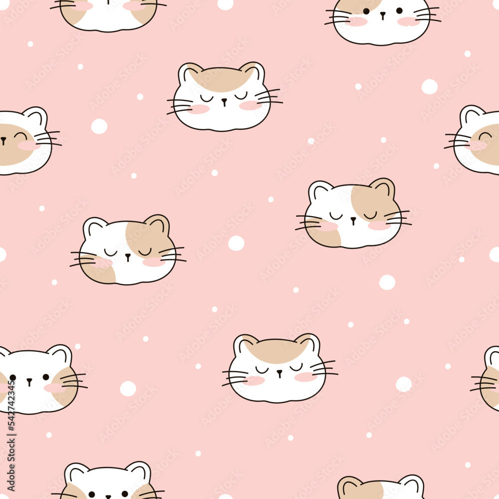 Draw seamless pattern with cute cats faces on pink pastel background Doodle cartoon style Draw seamless pattern with cute cats faces on pink pastel background Doodle cartoon style