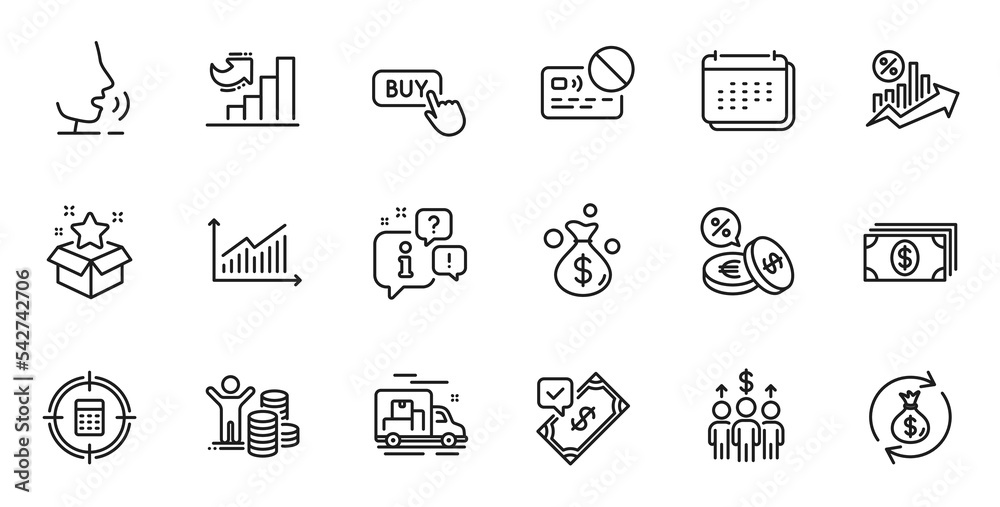 Outline set of Loan percent, Card and Banking line icons for web application. Talk, information, delivery truck outline icon. Include Buy button, Graph, Calculator target icons. Vector Outline set of Loan percent, Card and Banking line icons for web application. Talk, information, delivery truck outline icon. Include Buy button, Graph, Calculator target icons. Vector