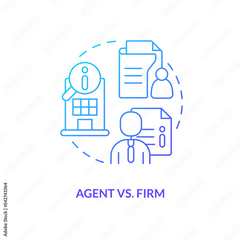 Choose between agent and firm blue gradient concept icon. Finding insurance company. Coverage services abstract idea thin line illustration. Isolated outline drawing. Myriad Pro-Bold font used