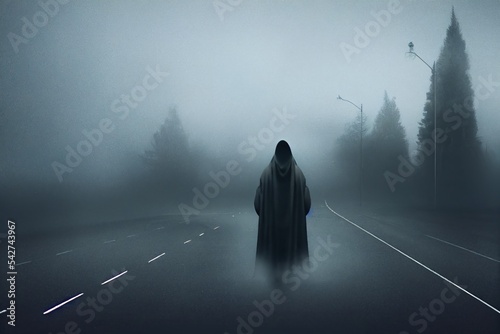 A moody double expsoure concept of a hooded figure over layered on a straight road with street lights on a foggy winters night. With a grunge, abstract, edit photo