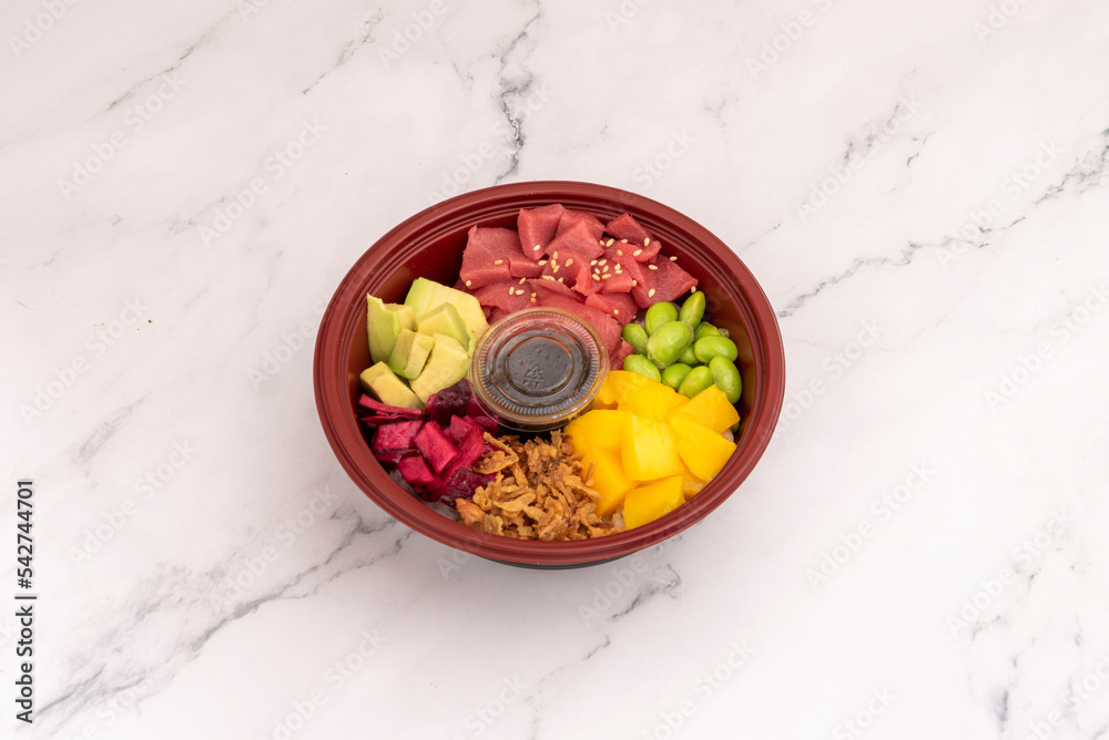 Poke Bowl of red tuna, Edamame Beans, Diced Mango, Avocado, Beetroot and Crunchy Onion and soy sauce Poke Bowl of red tuna, Edamame Beans, Diced Mango, Avocado, Beetroot and Crunchy Onion and soy sauce