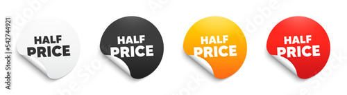 Half Price text. Round sticker badge with offer. Special offer Sale sign. Advertising Discounts symbol. Paper label banner. Half price adhesive tag. Vector