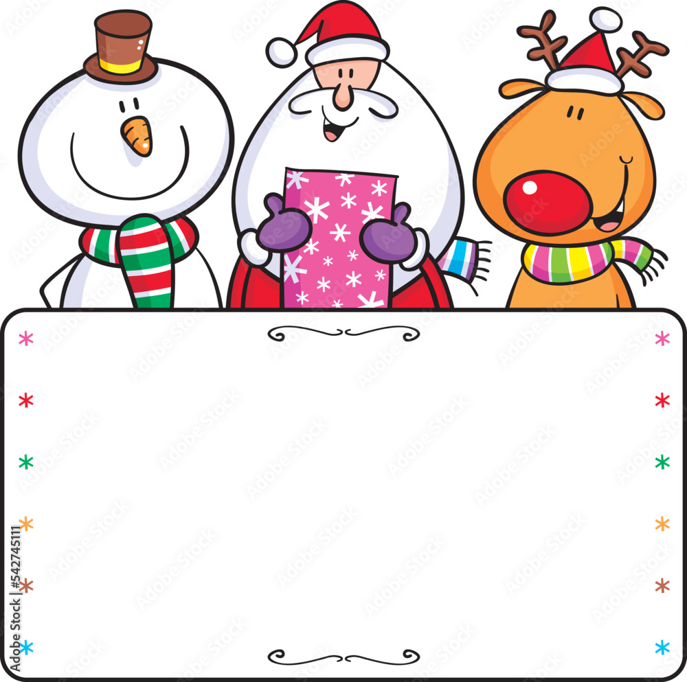 Christmas card cartoon design of Santa, Rudolph the red-nosed reindeer and a snowman above a blank background sign.