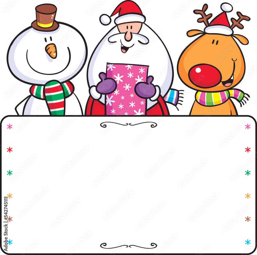 custom made wallpaper toronto digitalChristmas card cartoon design of Santa, Rudolph the red-nosed reindeer and a snowman above a blank background sign.