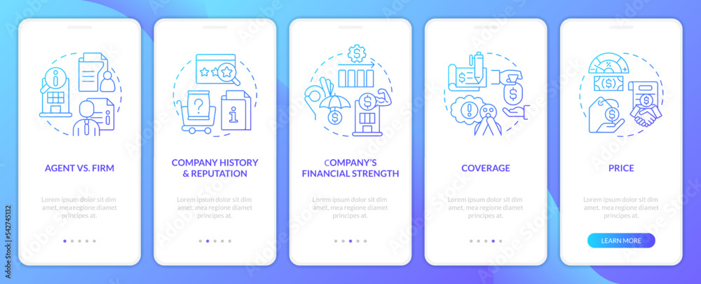 Tips for finding insurance services blue gradient onboarding mobile app screen. Walkthrough 5 steps graphic instructions with linear concepts. UI, UX, GUI template. Myriad Pro-Bold, Regular fonts used Tips for finding insurance services blue gradient onboarding mobile app screen. Walkthrough 5 steps graphic instructions with linear concepts. UI, UX, GUI template. Myriad Pro-Bold, Regular fonts used