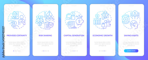 Policyholders benefits blue gradient onboarding mobile app screen. Insurance walkthrough 5 steps graphic instructions with linear concepts. UI, UX, GUI template. Myriad Pro-Bold, Regular fonts used