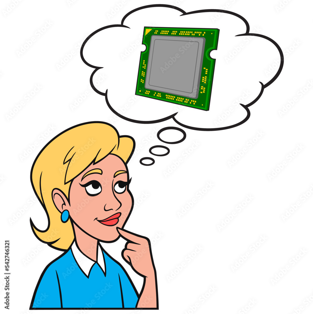 Girl thinking about a Computer Processor - A cartoon illustration of a Girl thinking about the power of a Computer Processor. Girl thinking about a Computer Processor - A cartoon illustration of a Girl thinking about the power of a Computer Processor.