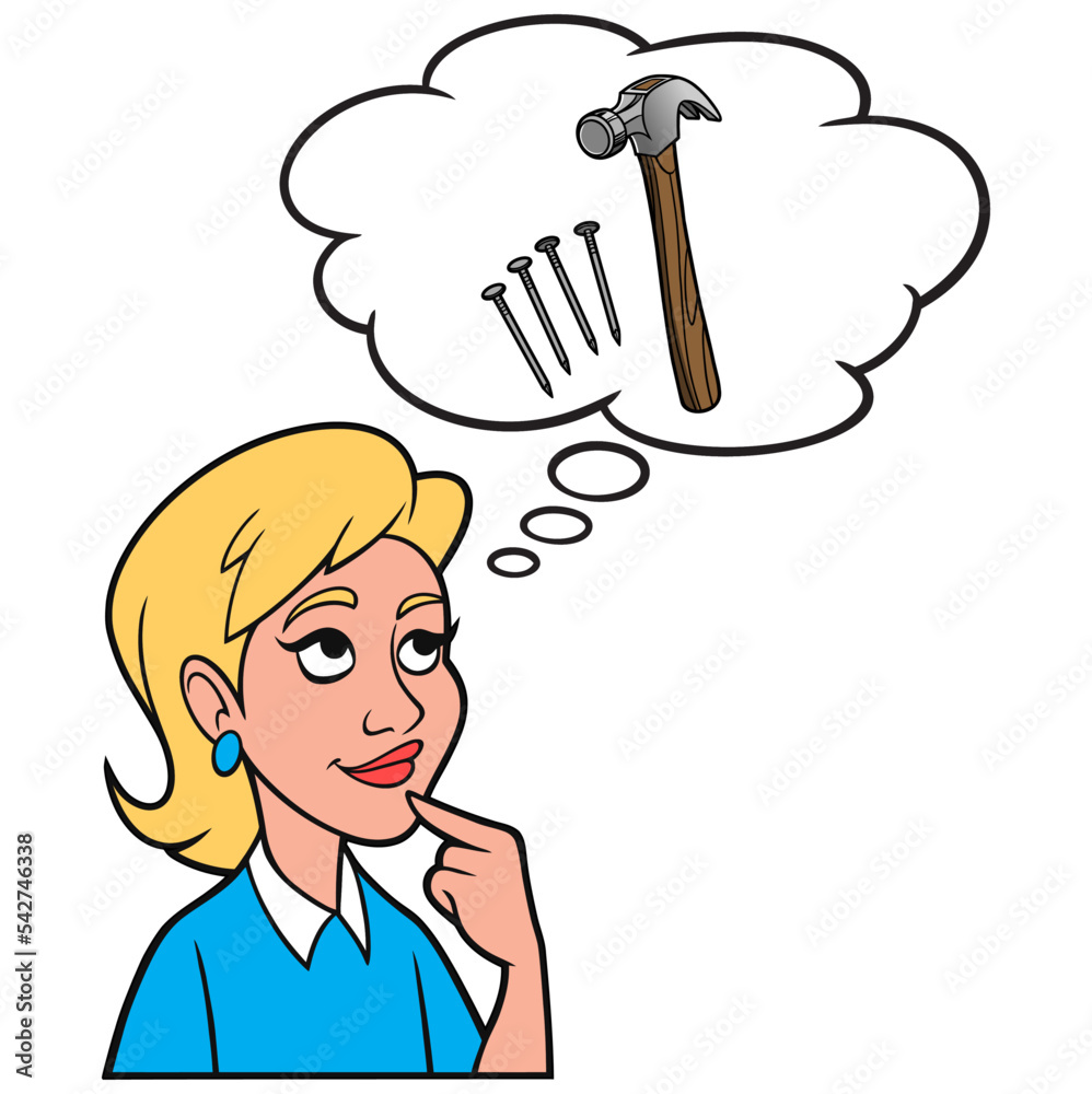 Girl thinking about a Hammer and Nails A cartoon illustration of a