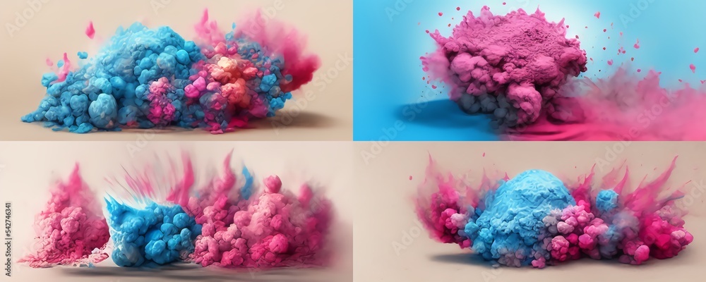 Explosion of pink and blue powder. Freeze motion of color powder exploding. 3D illustration