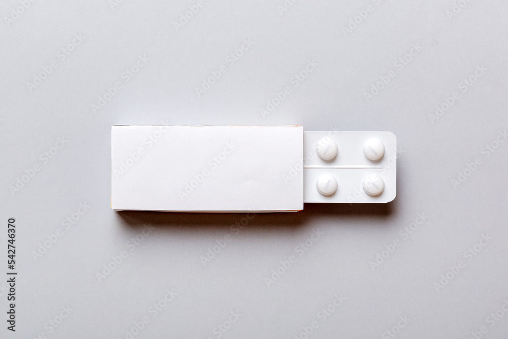 Blank White Product Package Box Mock-up. Open blank medicine drug box with blister top view Blank White Product Package Box Mock-up. Open blank medicine drug box with blister top view