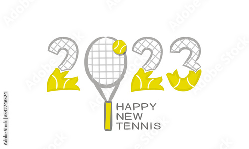 2023 Have a happy new Tennis. Sport motivating card. Logo with hand drawn numbers, tennis racket and ball. Vector illustration for sport projects, posters and banners