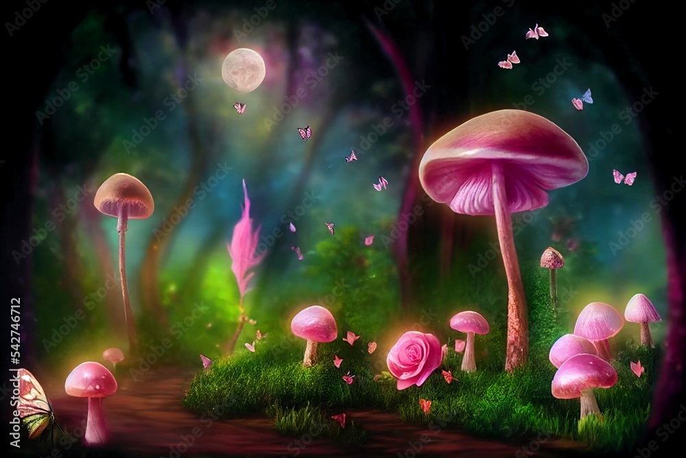 antasy Magical Mushrooms and Butterfly in enchanted Fairy Tale dreamy ...