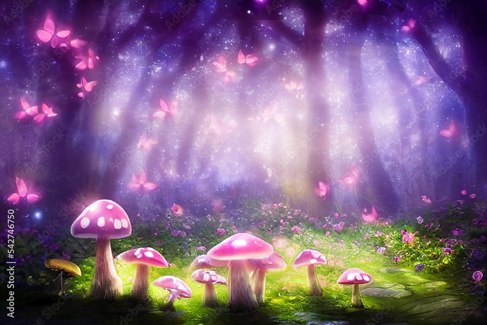 antasy Magical Mushrooms and Butterfly in enchanted Fairy Tale dreamy ...