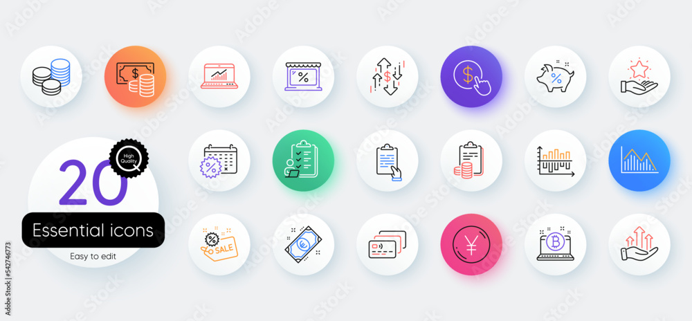 Simple set of Market, Accounting and Clipboard line icons. Include Online statistics, Dollar rate, Checklist icons. Yen money, Bitcoin, Tips web elements. Growth chart, Calendar discountsCard. Vector Simple set of Market, Accounting and Clipboard line icons. Include Online statistics, Dollar rate, Checklist icons. Yen money, Bitcoin, Tips web elements. Growth chart, Calendar discountsCard. Vector