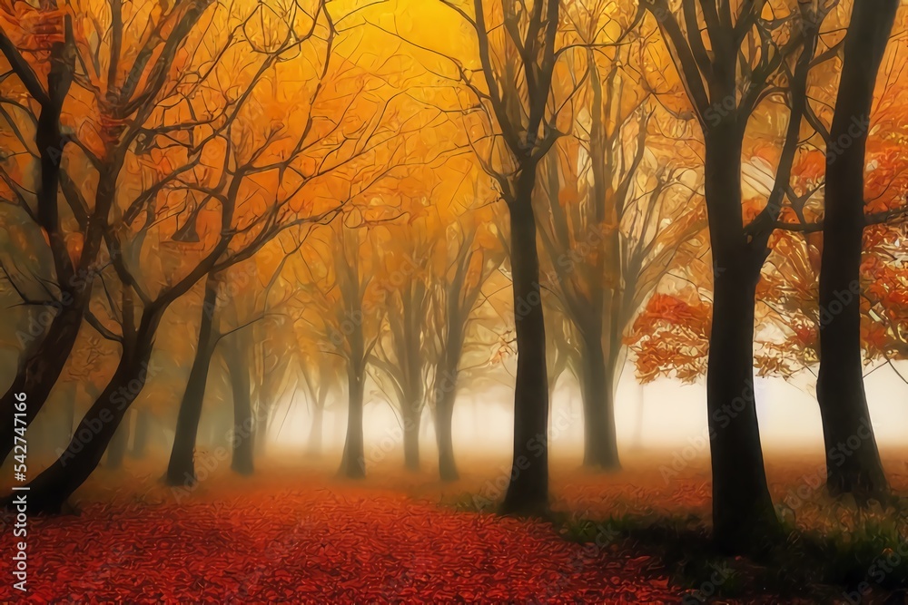 Magical autumn woods with thick fog, fall colours in the park, beautiful autumn landscape.