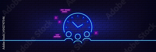 Neon light glow effect. Meeting time line icon. Business teamwork sign. Working hours symbol. 3d line neon glow icon. Brick wall banner. Meeting time outline. Vector