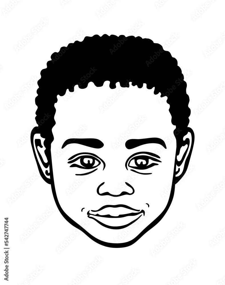 Black African American little small boy prince face head portrait stencil.Cute baby silhouette drawing,curly wavy hair.Afro child hairstyles.Curls.T shirt print.Plotter laser cut.DIY cricut.Sticker