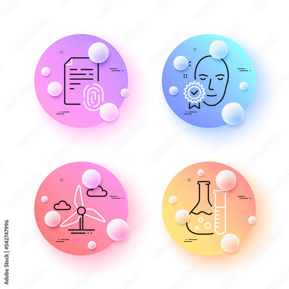 Face verified, Fingerprint and Windmill turbine minimal line icons. 3d spheres or balls buttons. Chemistry lab icons. For web, application, printing. Vector Face verified, Fingerprint and Windmill turbine minimal line icons. 3d spheres or balls buttons. Chemistry lab icons. For web, application, printing. Vector
