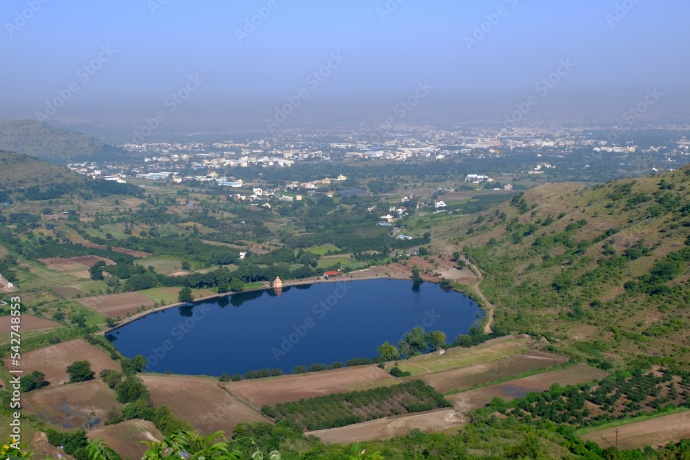 Scenic view of Mastani Talav or Lake From Dive Ghat, situated near Wadki village, The water reservoir was built around 1720, Pune, Maharashtra, India.