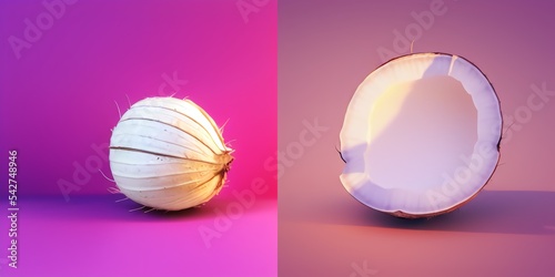 coconut cut in half on pastel pink background. Creative idea. Minimal concept. 3D rendering 