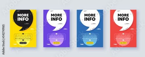 Poster frame with quote, comma. More info tag. Navigation sign. Read description symbol. Quotation offer bubble. More info message. Vector