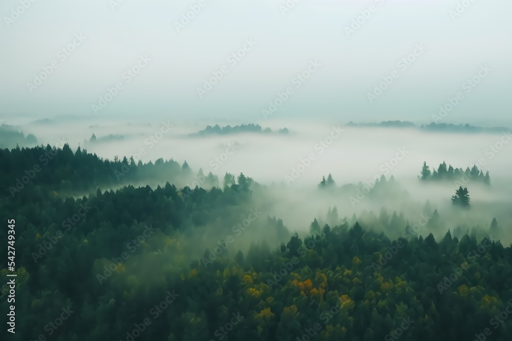 early morning sunrise foggy forrest, treetips standing out of fog autumn fall foggy fall sunrise drone shot