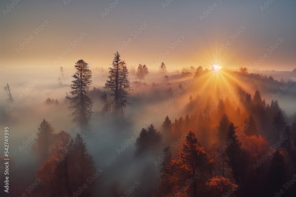 Naklejka premium early morning sunrise foggy forrest, treetips standing out of fog autumn fall foggy fall sunrise drone shot