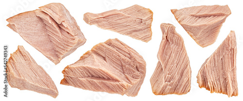 Fotografia Canned tuna pieces isolated on white background