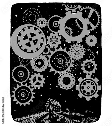 Lonely house on background of stars and gears. Concept of structure of universe, the place of man in the world. Monochrome hand drawn vector illustration. Abstract picture isolated on white.