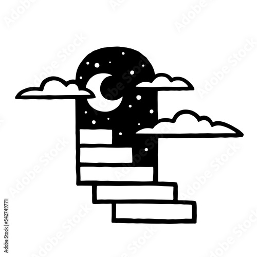 Open door staircase with moon doodle drawing. Surreal doorway stairs to dreamy cosmic night sky and clouds tattoo design. Vector illustration.
