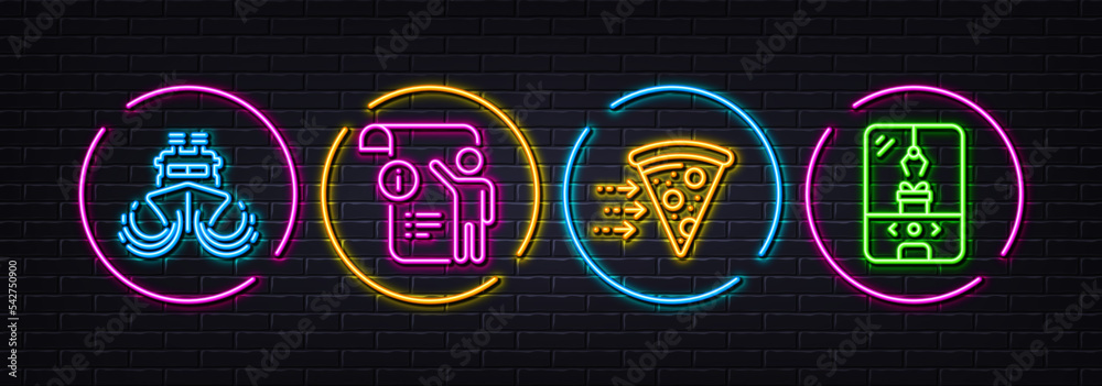 Food delivery, Manual doc and Ship minimal line icons. Neon laser 3d lights. Crane claw machine icons. For web, application, printing. Piece of pizza, Project info, Shipping watercraft. Vector