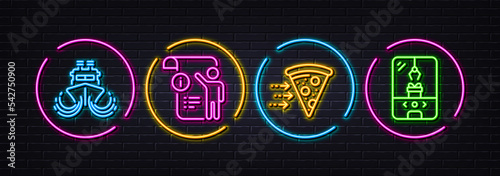 Food delivery, Manual doc and Ship minimal line icons. Neon laser 3d lights. Crane claw machine icons. For web, application, printing. Piece of pizza, Project info, Shipping watercraft. Vector