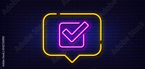 Neon light speech bubble. Check line icon. Approved Tick sign. Confirm, Done or Accept symbol. Neon light background. Checkbox glow line. Brick wall banner. Vector