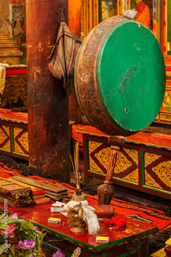 Large tibetan drum in Hemis gompa (Tibetan Buddhist monastery). Ladakh, India photo