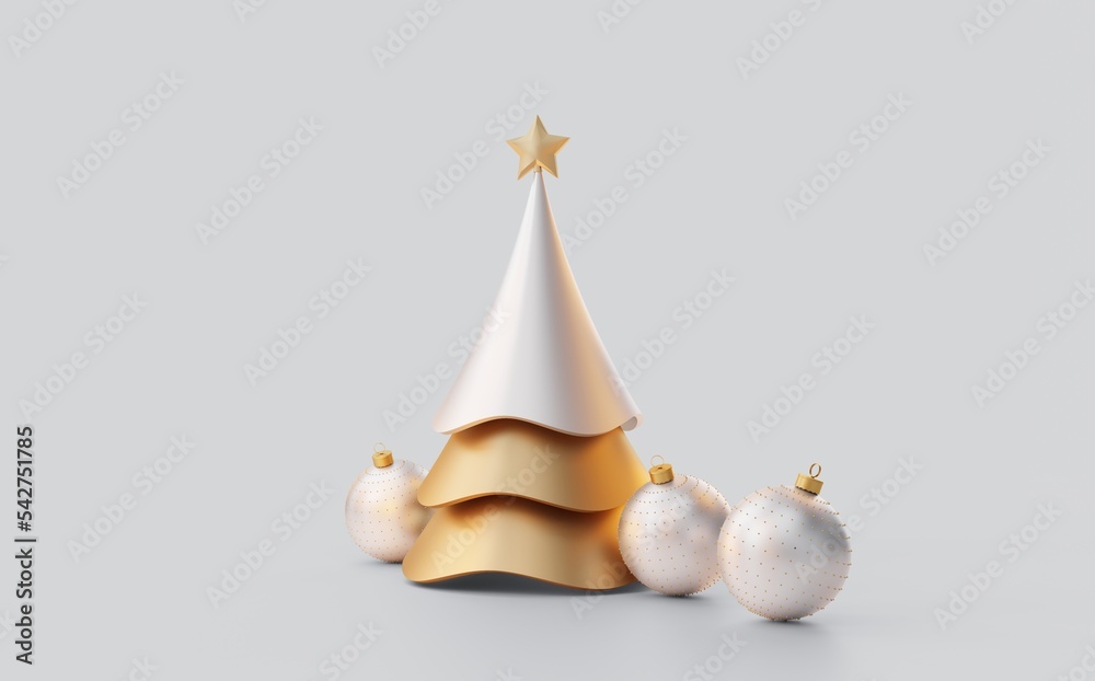 Golden Christmas tree with a wavy shape in two colors (Silver and Gold) with silver Christmas decorations. Designer template for New Year's cards. 3d rendering. Golden Christmas tree with a wavy shape in two colors (Silver and Gold) with silver Christmas decorations. Designer template for New Year's cards. 3d rendering.