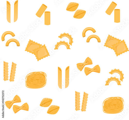 Seamless pattern of traditional pasta shapes. Different types of macaroni. Vector illustration.